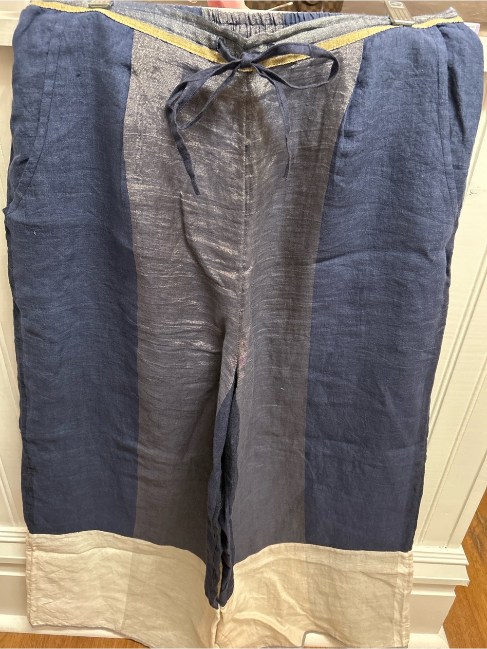 Manai Linen Blend Wide Leg Pants Blue Colorblock Drawstring Small